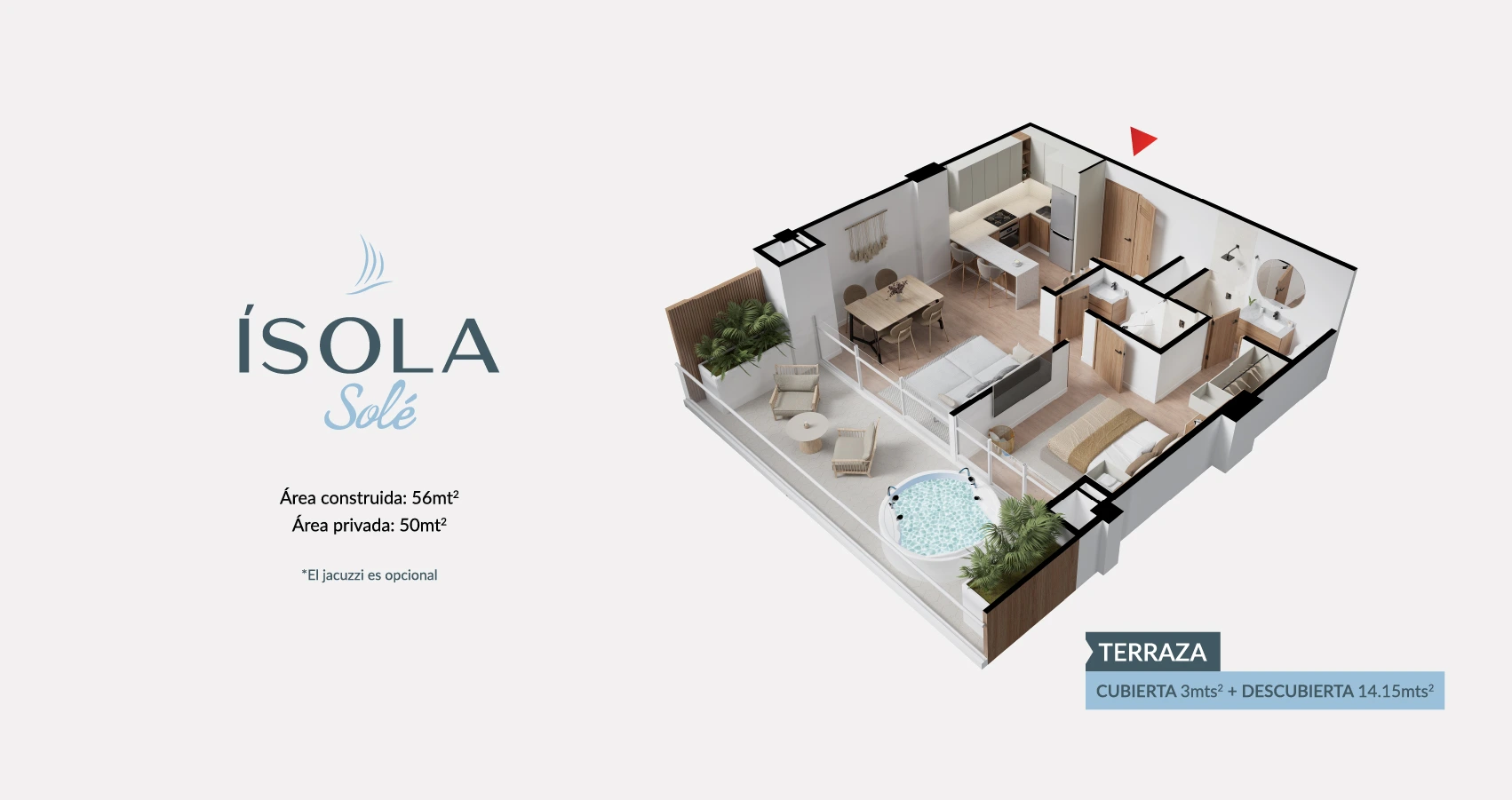 Axonometría apto tipo 56m2 con terraza con Ísola Solé