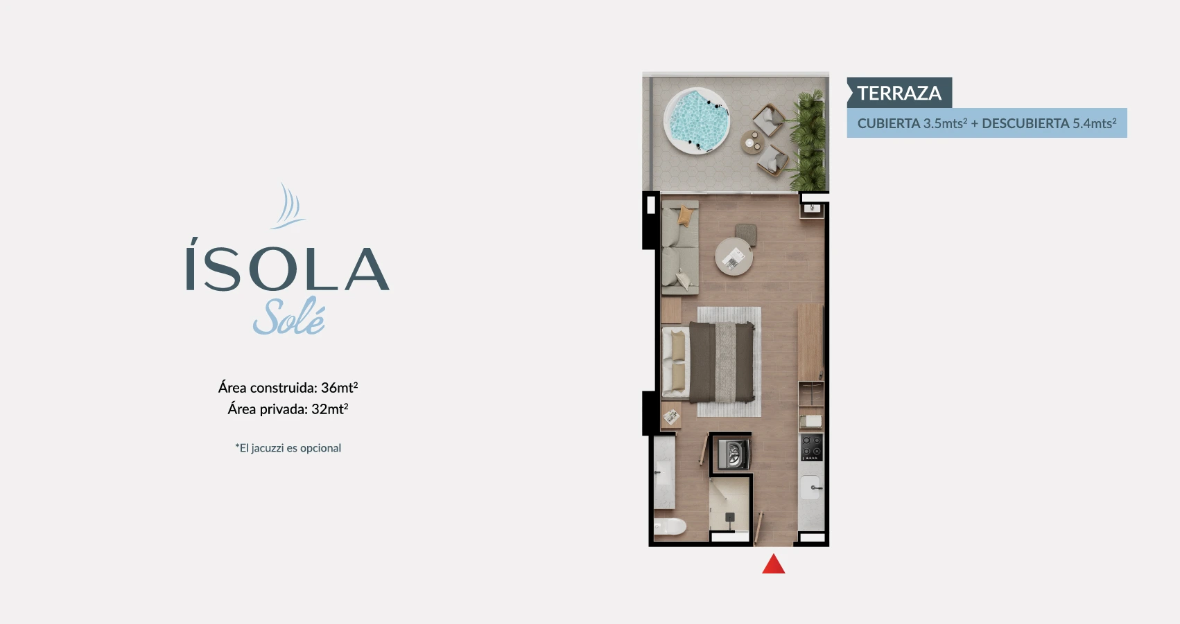 Planta del apto tipo 36m2 con terraza del Proyecto Ísola Solé