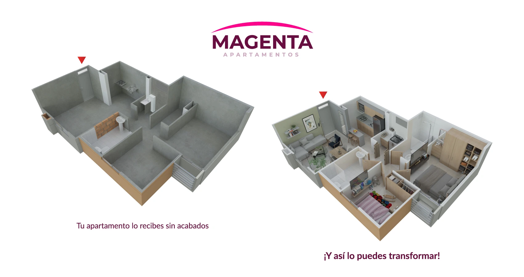 Axonometria del apto tipo 46 Magenta 