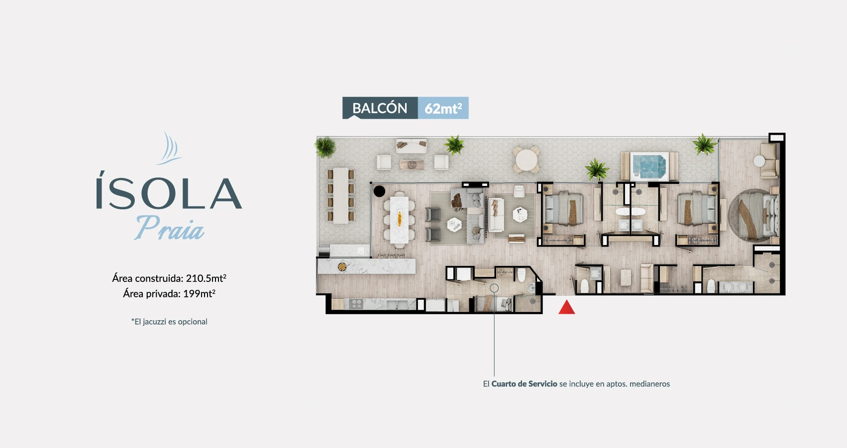 Planta del apto tipo 210m2 con balcón del Proyecto ísola Praia