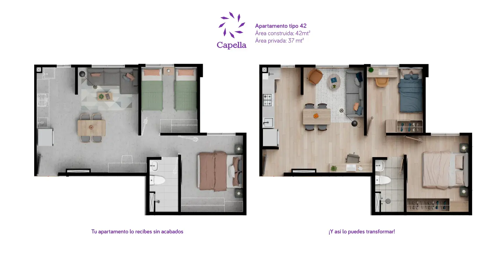 Plano del apartamento tipo 42 en el proyecto Capella en Bogotá, con distribución de espacios