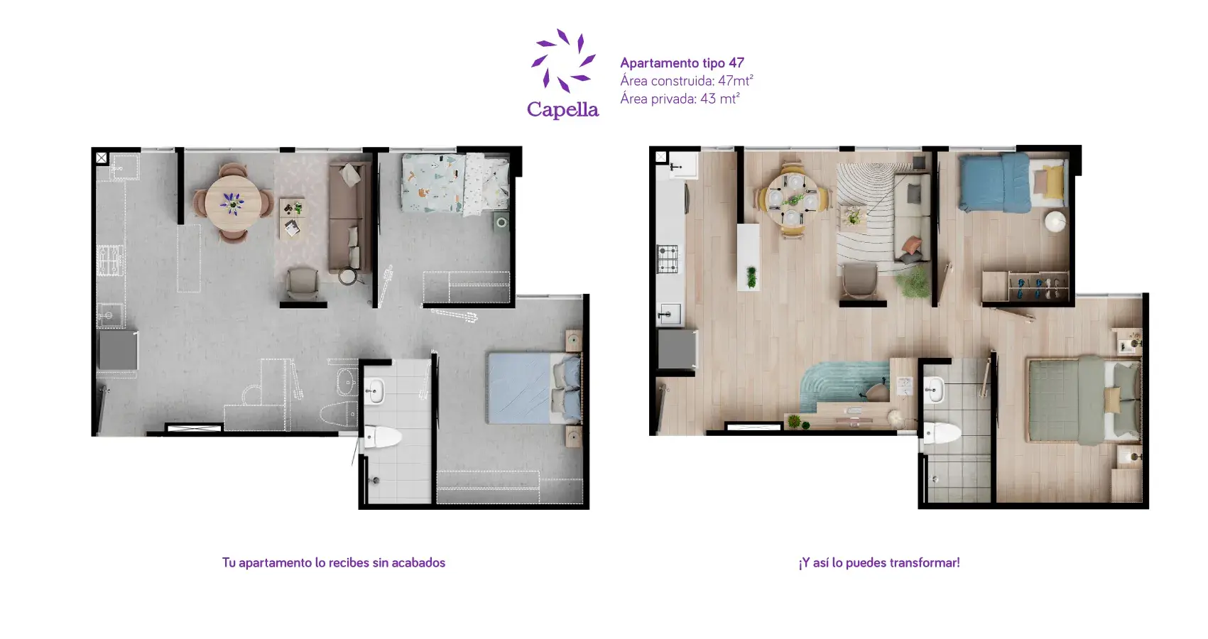 Plano del apartamento tipo 47, opción 2, en el proyecto Capella en Bogotá, destacando distribución optimizada