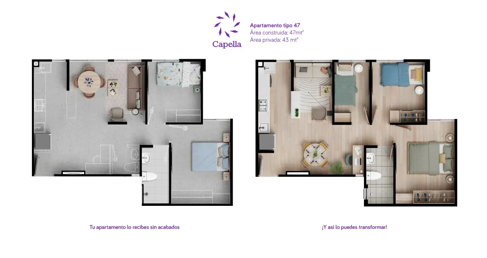 Plano del apartamento tipo 47, opción 3, en el proyecto Capella en Bogotá, con diseño versátil