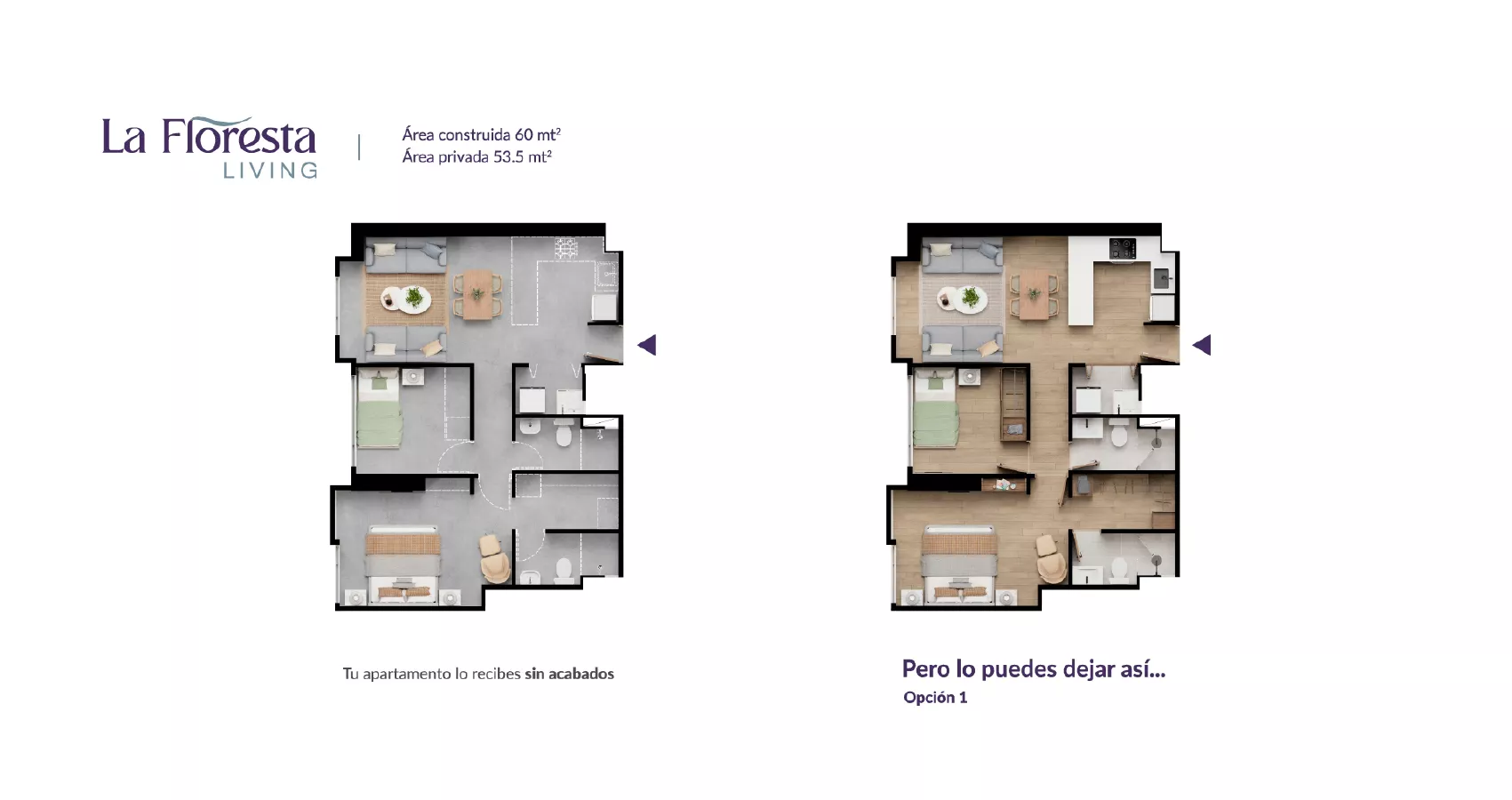 Planta del apto tipo 60 del Proyecto Floresta Living opción 1