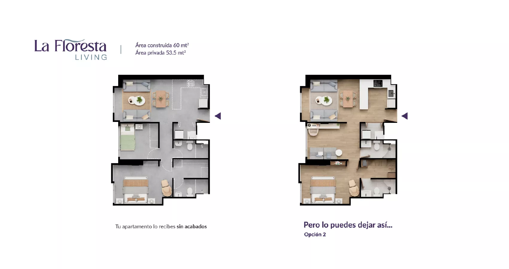 Planta del apto tipo 60 del Proyecto Floresta Living opción 2