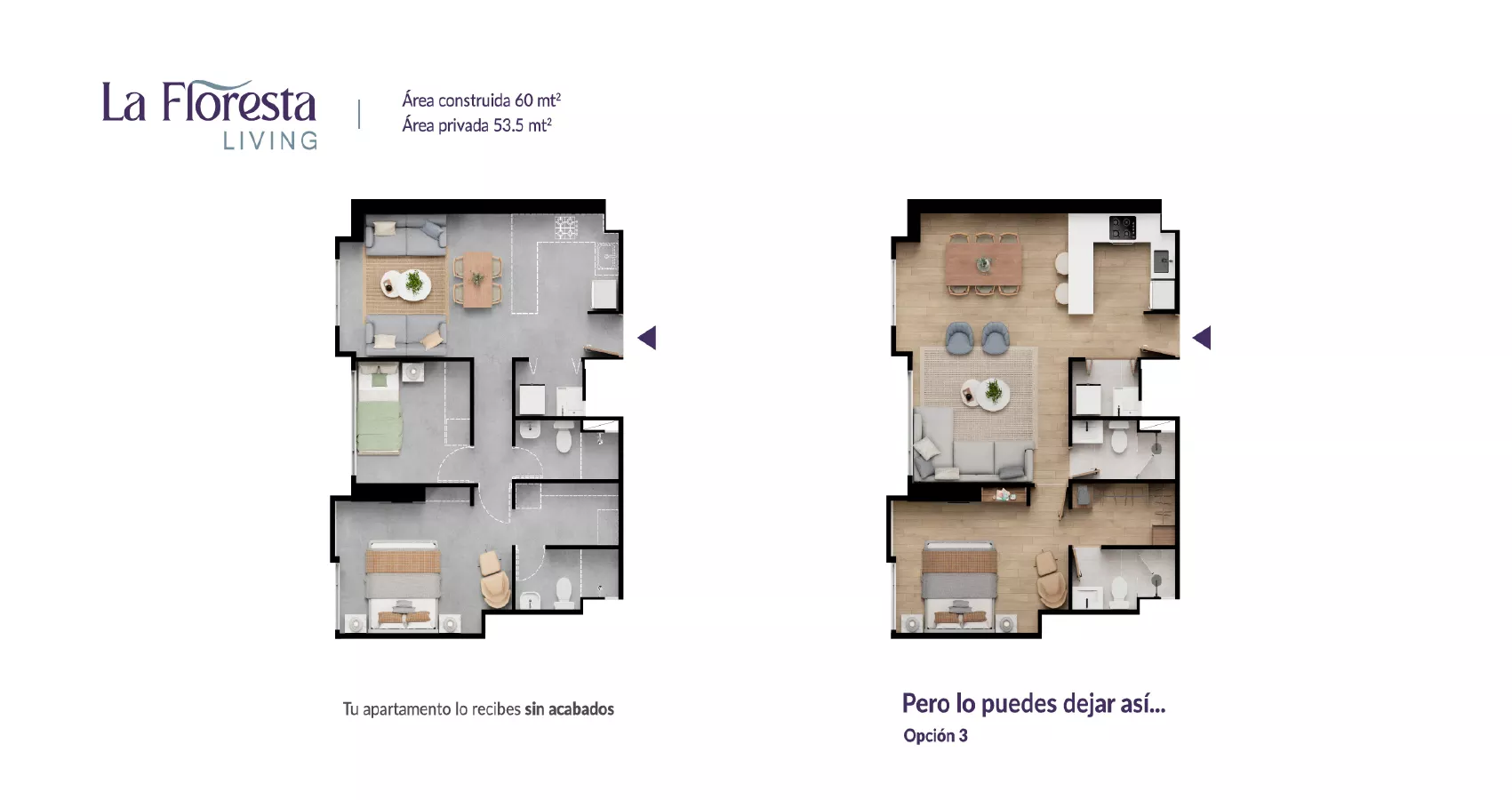 Planta del apto tipo 60 del Proyecto Floresta Living opción 3