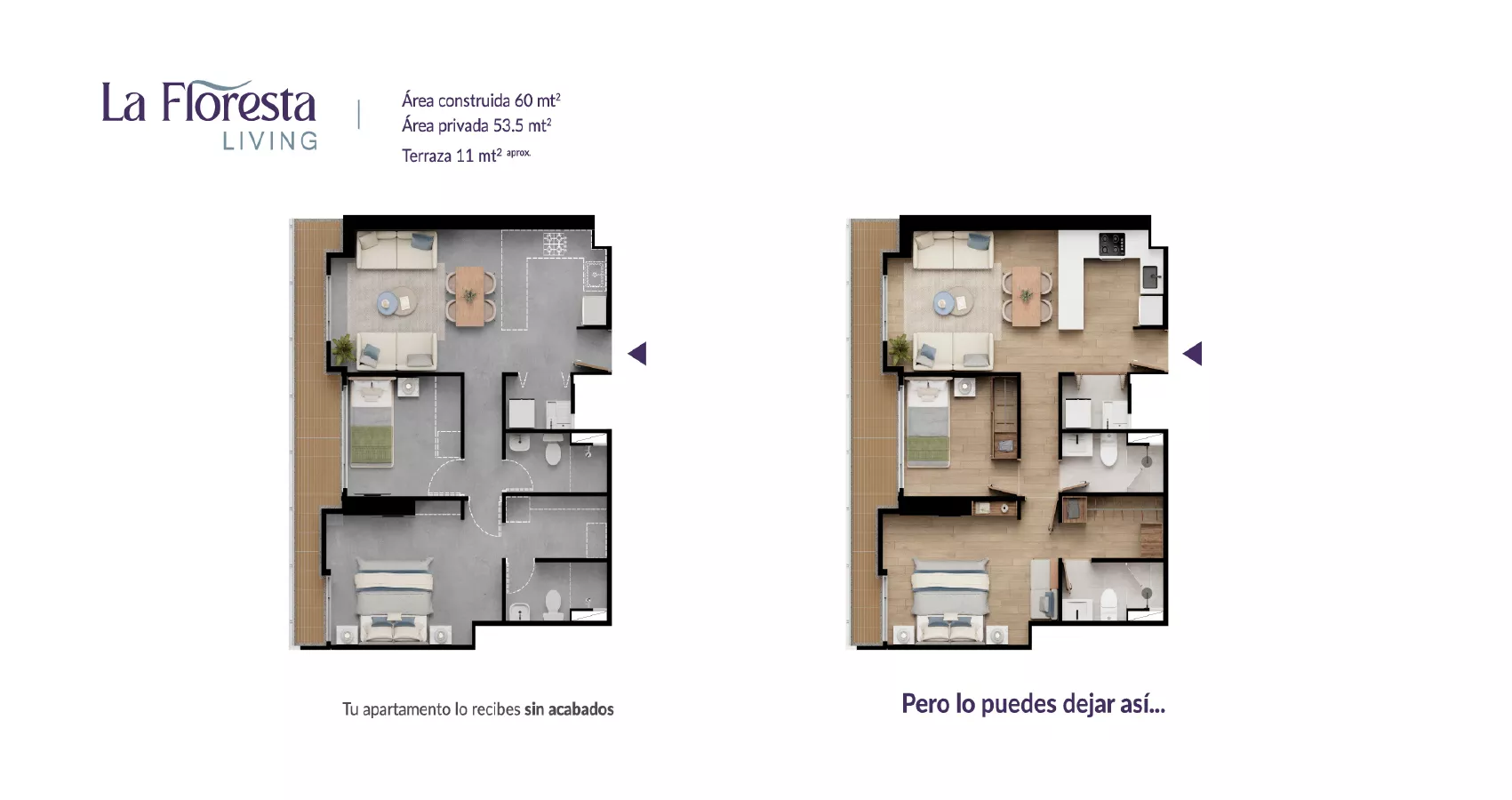 Planta del apto tipo 60 con terraza del Proyecto Floresta Living