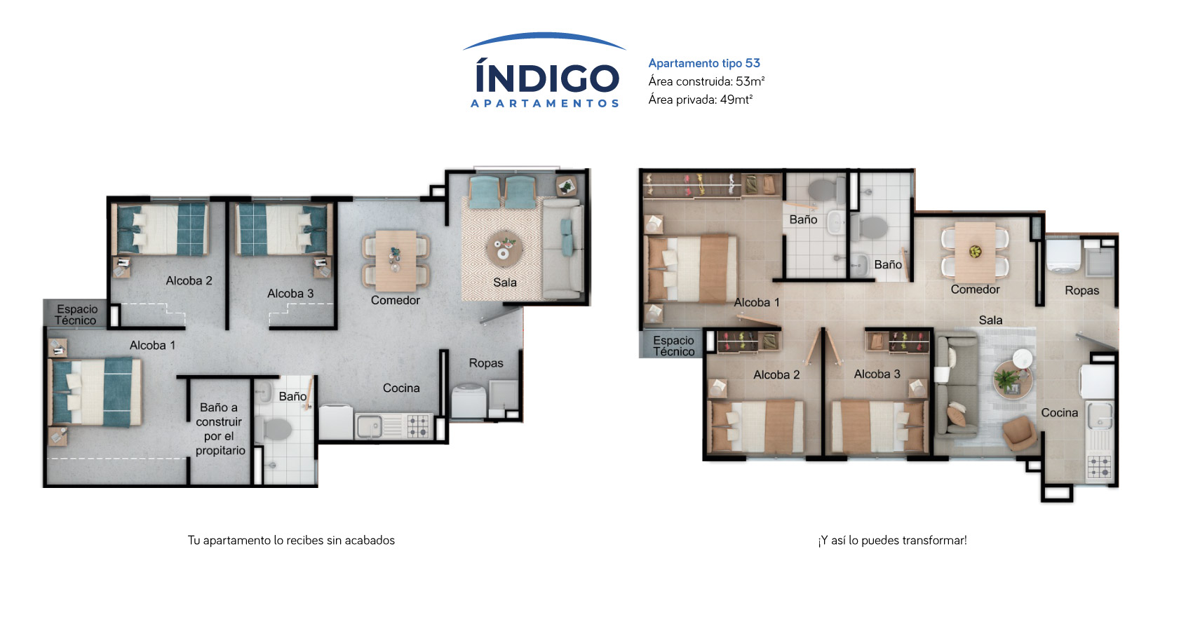 Apartamento tipo 53 indigo constructora Bolivar