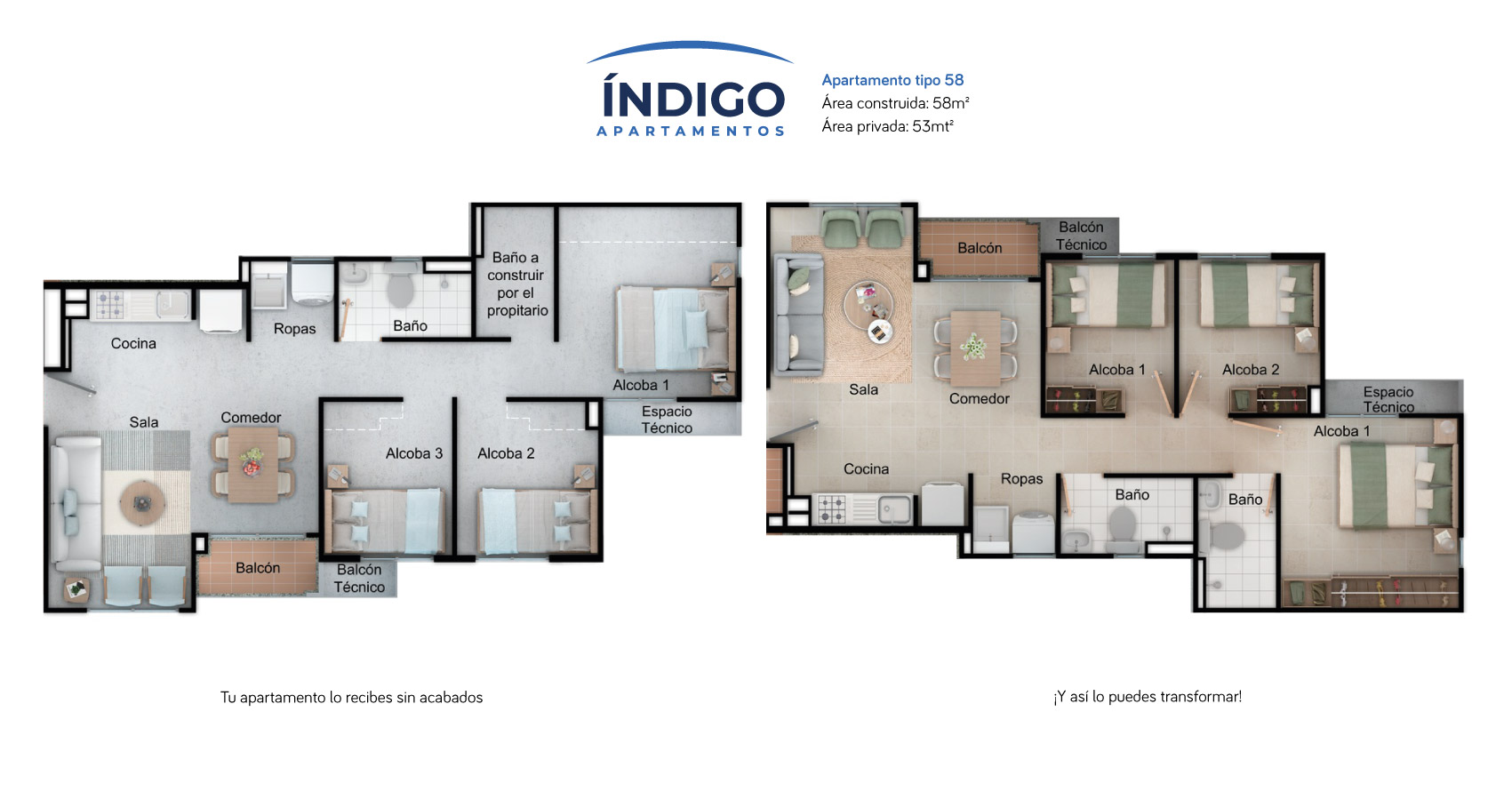 Apartamento tipo 58 indigo constructora Bolivar