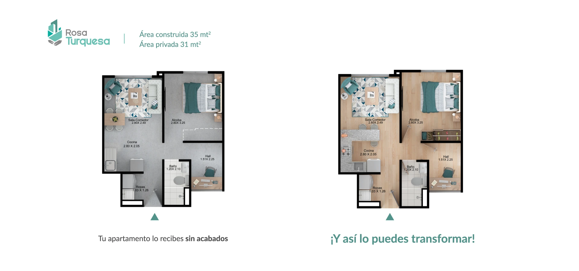 Planta del apto tipo 35 del proyecto Rosa Turquesa