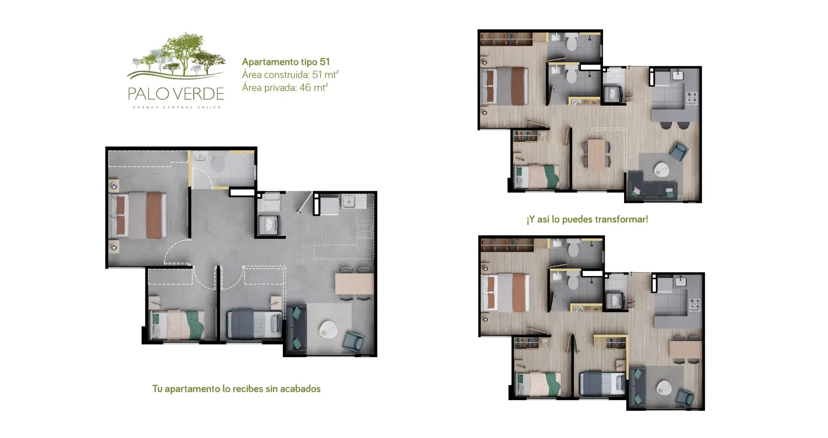 Planta del apartamento tipo 50 en Palo Verde, Cajicá, mostrando la distribución interior.