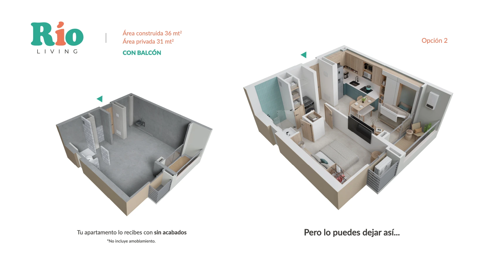 Axonometria de la opción 2 del apto tipo 36m2 con balcón del Proyecto Río Living 