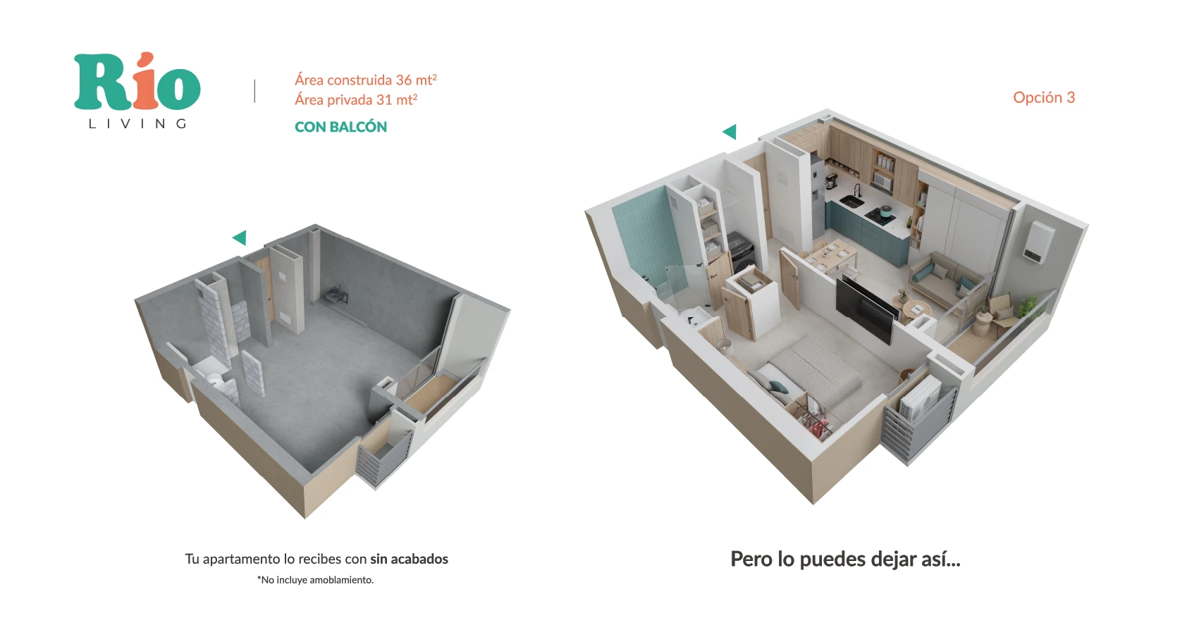 Axonometria de la opción 3 del apto tipo 36m2 con balcón del Proyecto Río Living 