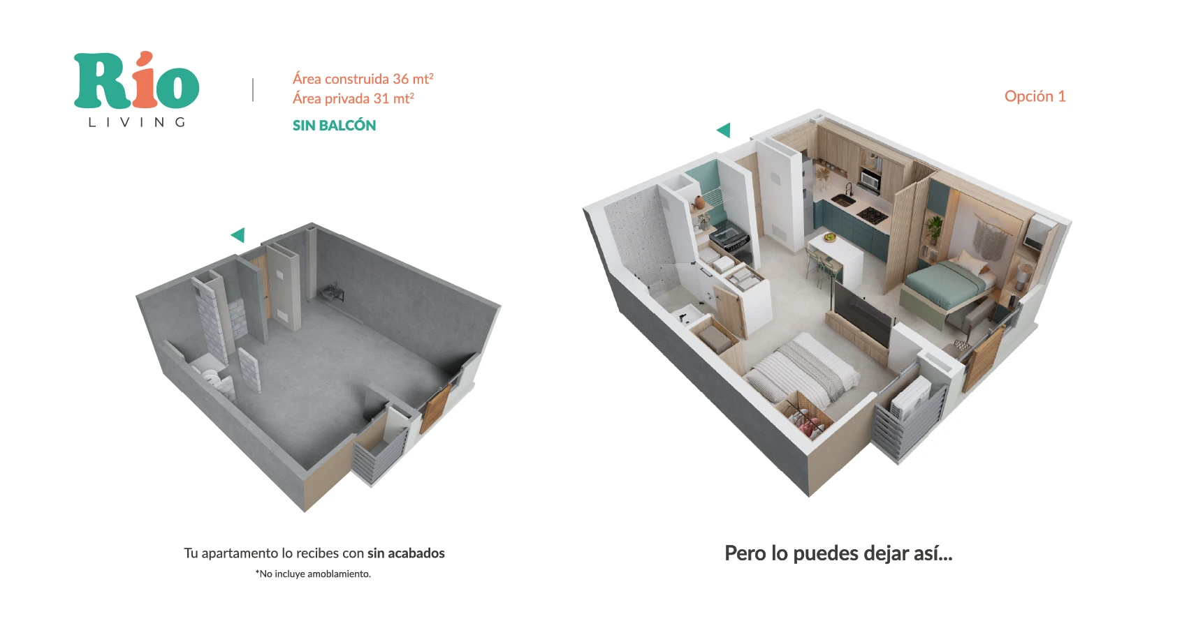 Axonometria de la opción 1 del apto tipo 36m2 sin balcón del Proyecto Río Living 