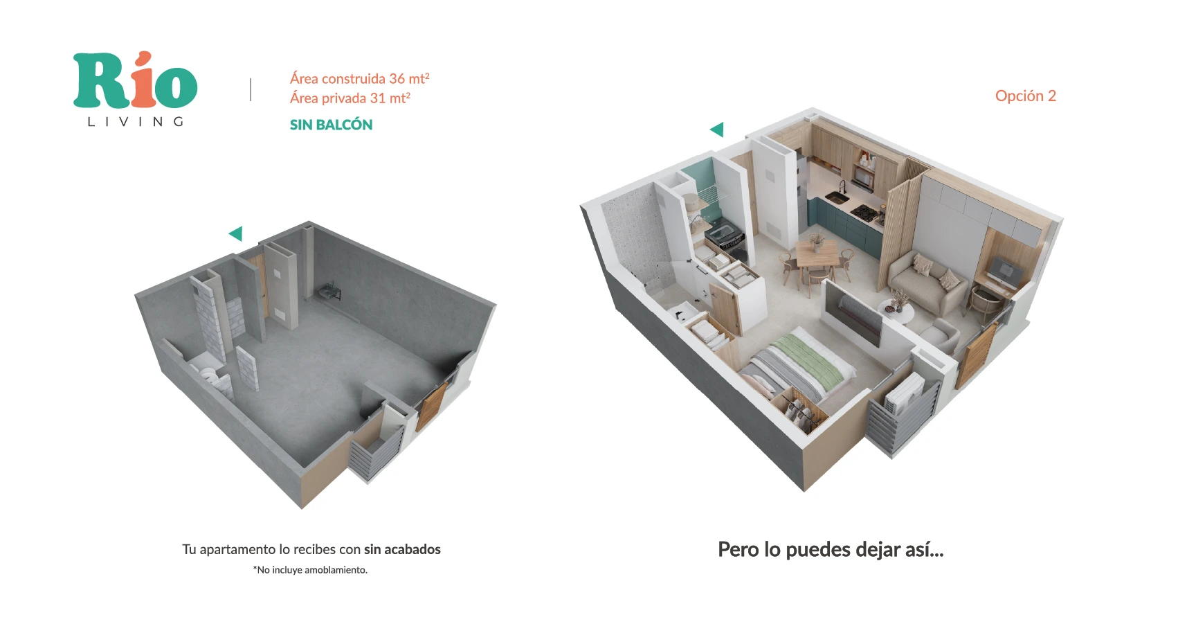 Axonometria de la opción 2 del apto tipo 36m2 sin balcón del Proyecto Río Living 