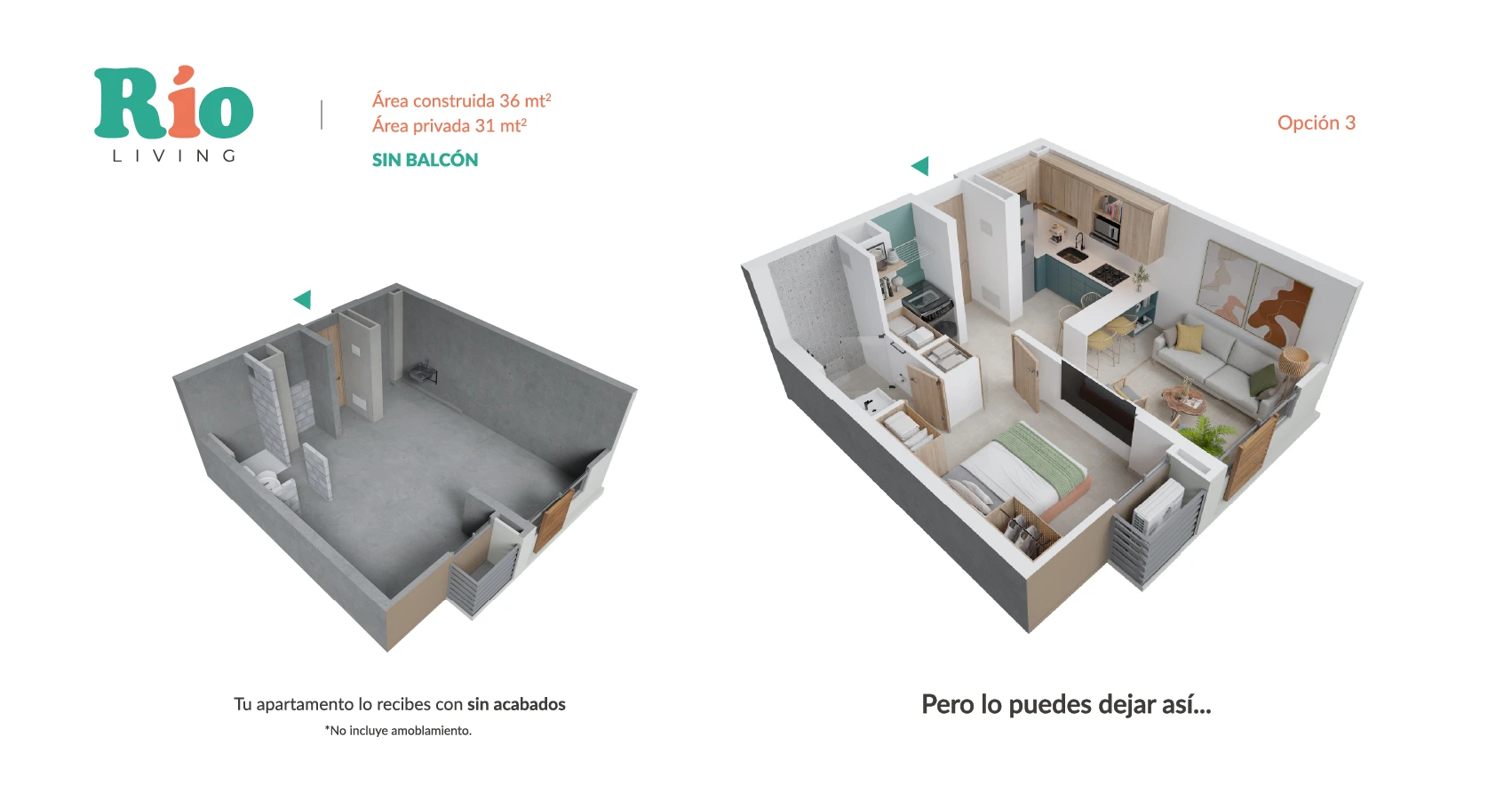 Axonometria de la opción 3 del apto tipo 36m2 sin balcón del Proyecto Río Living 