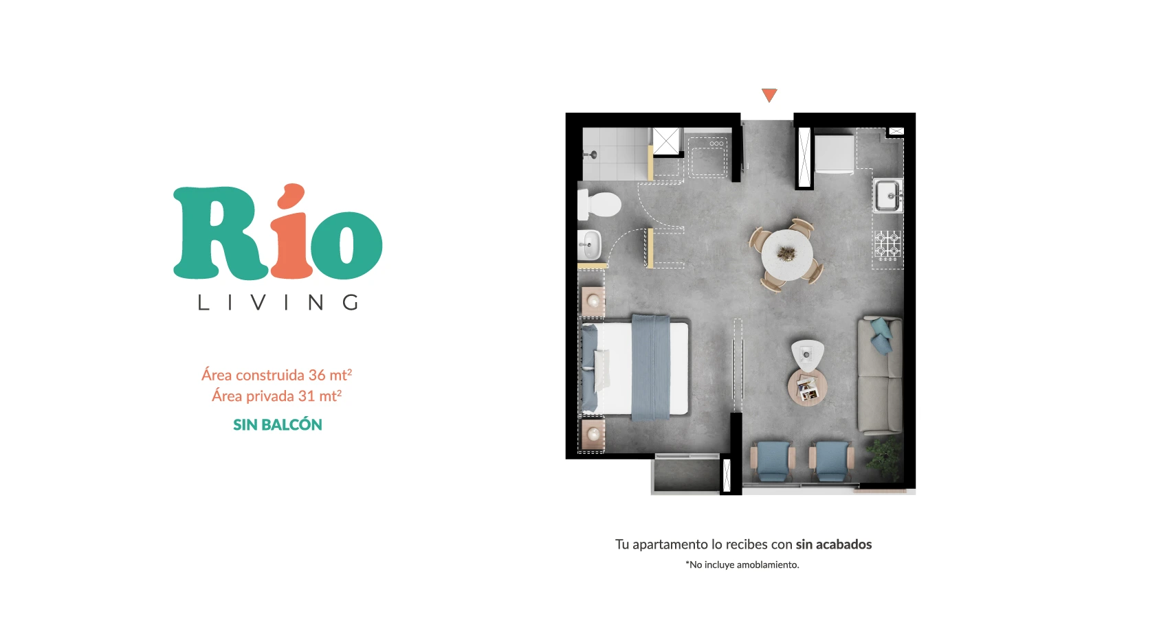 Planta del apto tipo 36m2 sin balcón del Proyecto Río Living 