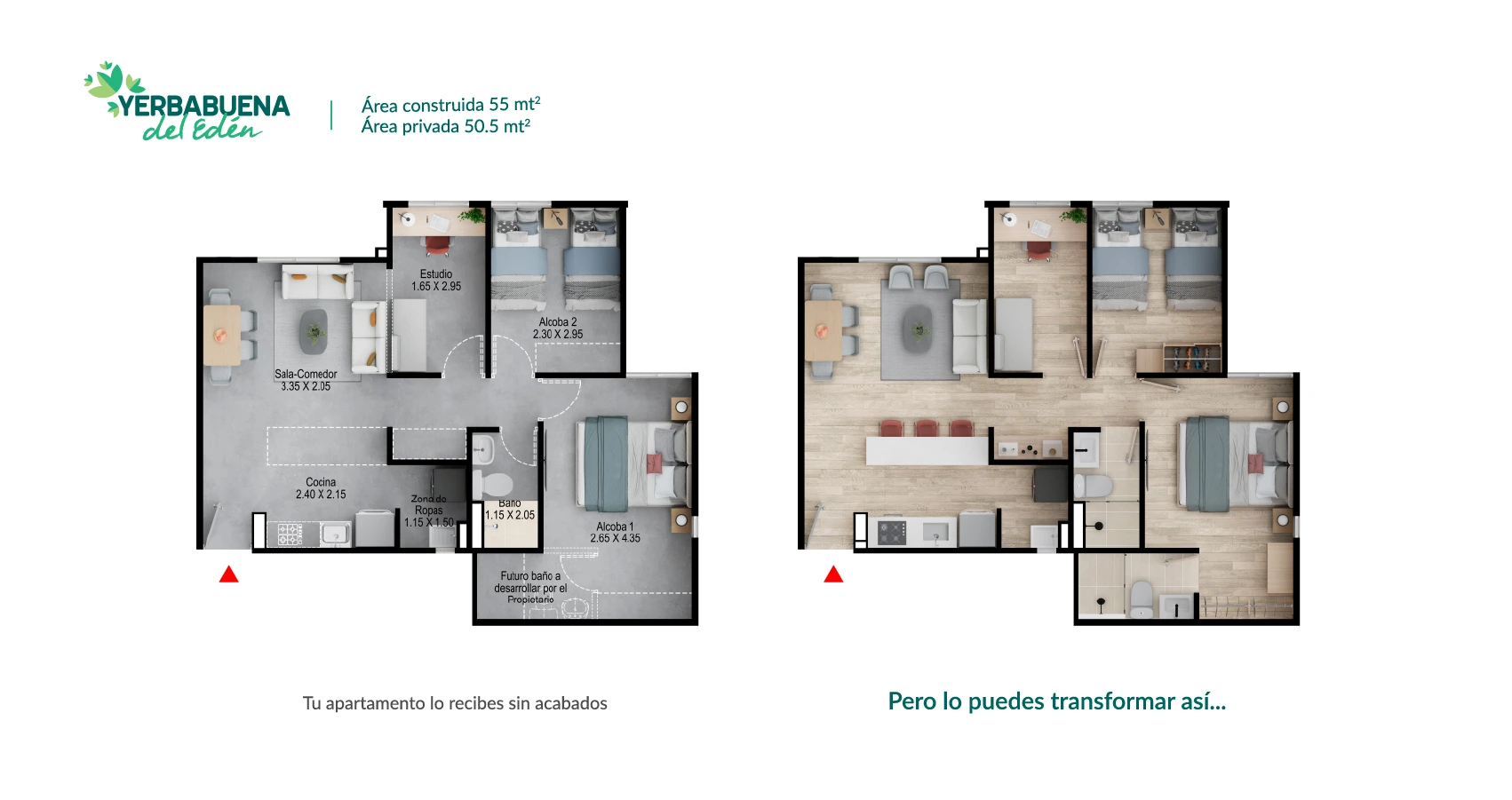 Apartamento tipo 55 en Yerbabuena del Edén, Funza, diseñado por Constructora Bolívar.