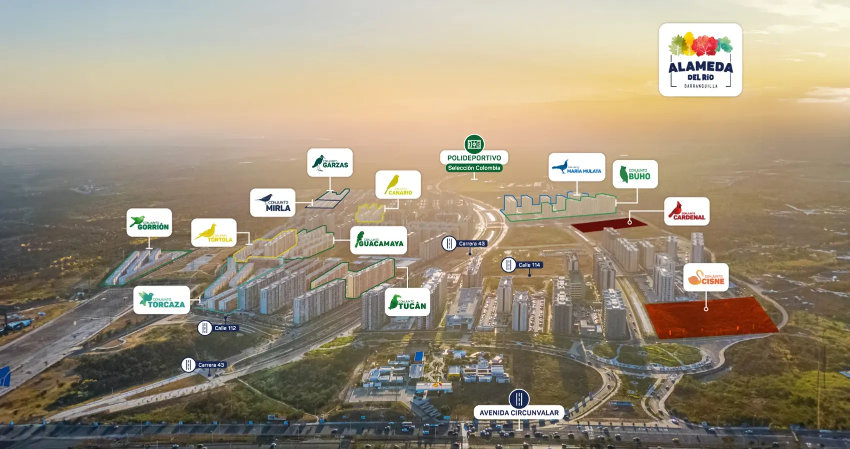 Mapa aéreo del macroproyecto Alameda del Río en Barranquilla, mostrando la ubicación exacta del conjunto.