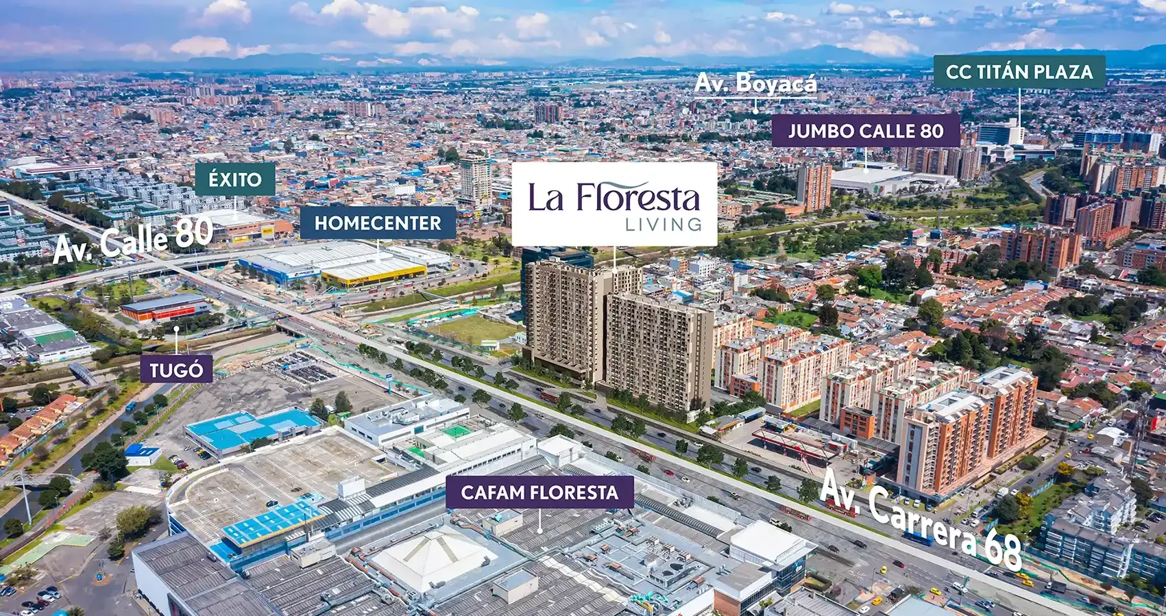 Vista aérea lejana del proyecto La Floresta Living, Bogotá.