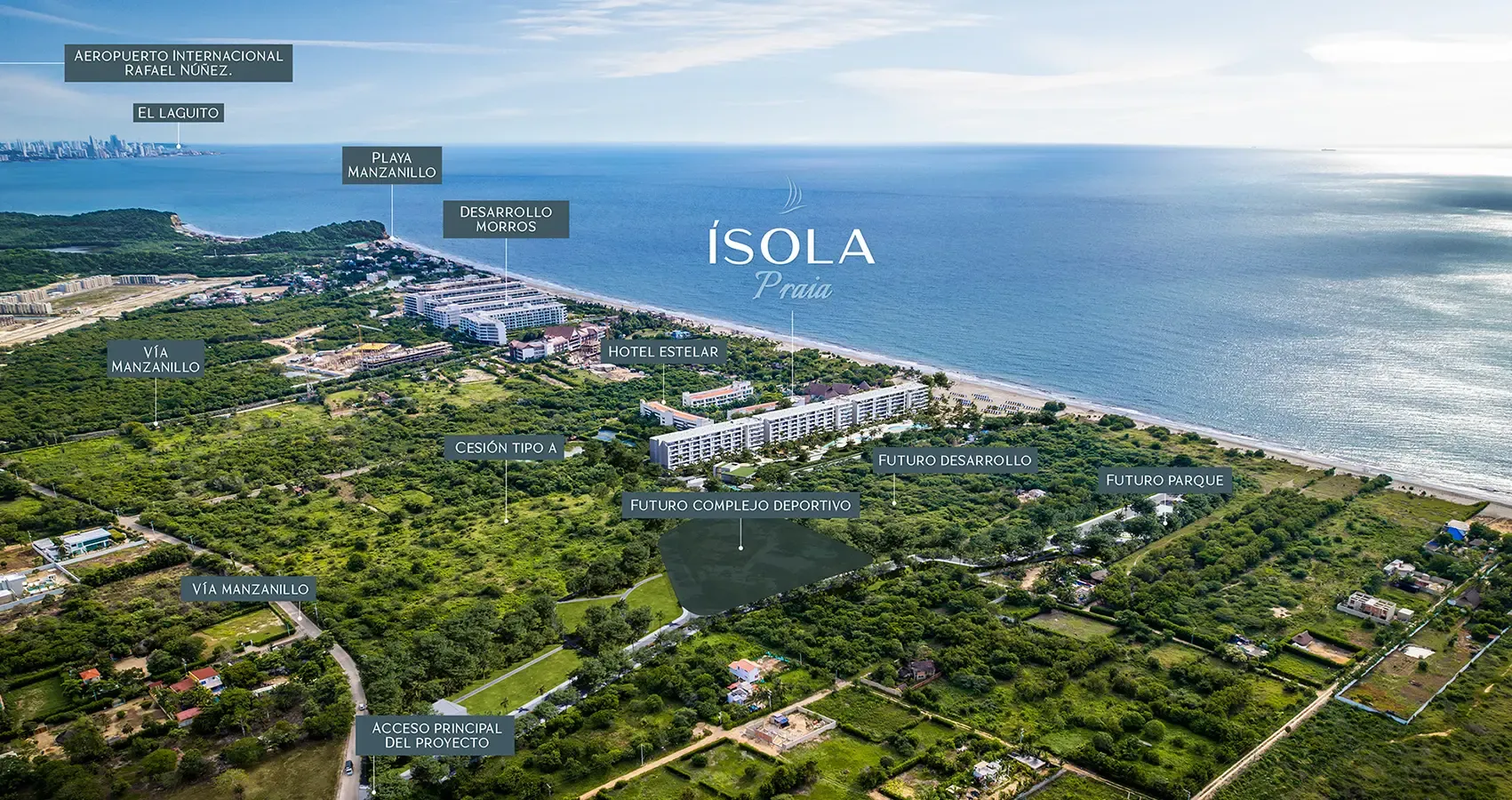 Vista aérea de la localización del proyecto Isola Praia, Cartagena: Imagen que destaca la ubicación del proyecto.